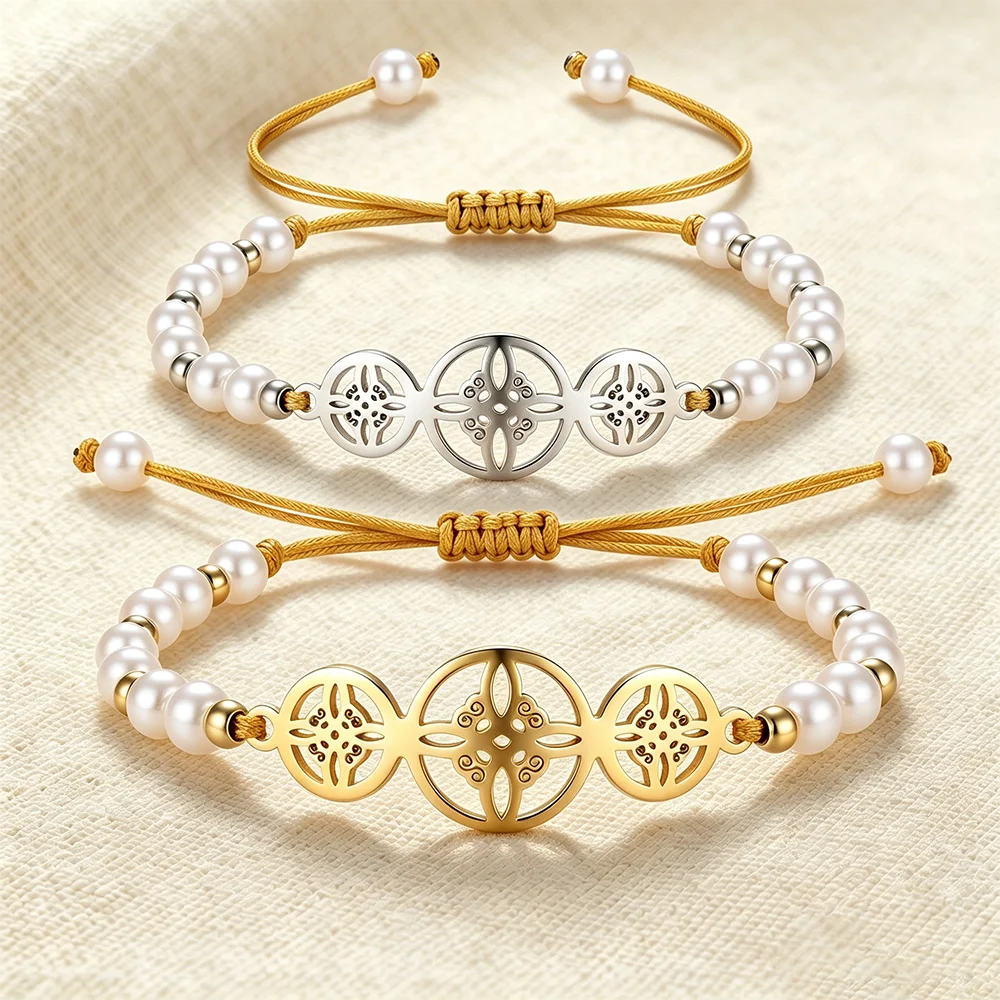 Adjustable Drawstring Faux Pearl Beaded Bracelet for Women, Triple Hollow Witch's Knot Round Charms, Elegant Jewelry Gift