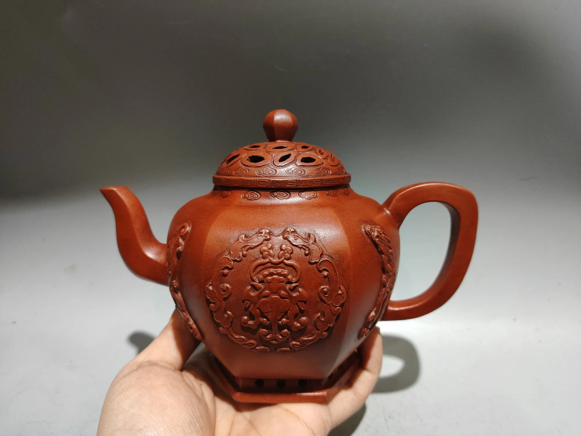 Purple Clay Pot Clear Cement Hexagonal hollow pot Flower Beast Pattern Pot Kettle Teapot Pot Tea Tasting Tea Ceremony