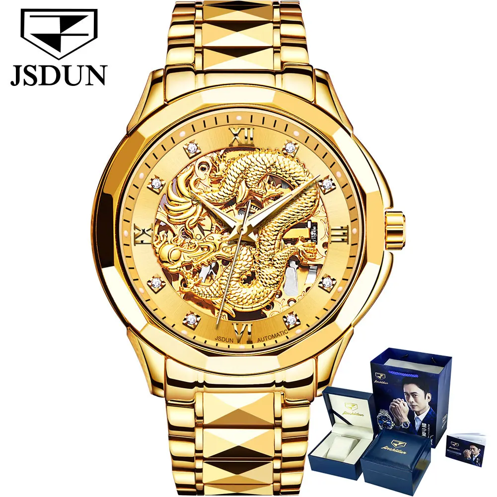 JSDUN Gold Dragon Automatic Mechanical Watch for Men Tungsten steel 18K Gold Strap Luminous Waterproof Luxury Wristwatch Men