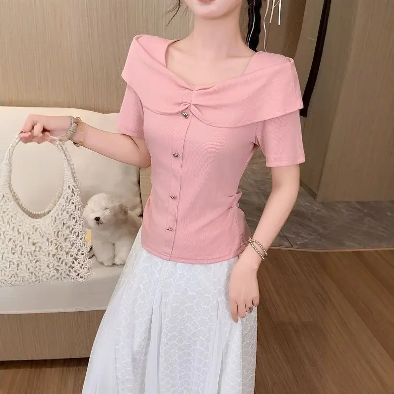Short Sleeve Solid Button Patchwork Casual Pullovers Tops Women Clothing New Summer Simplicity Elegant T Shirts Fashion Korean