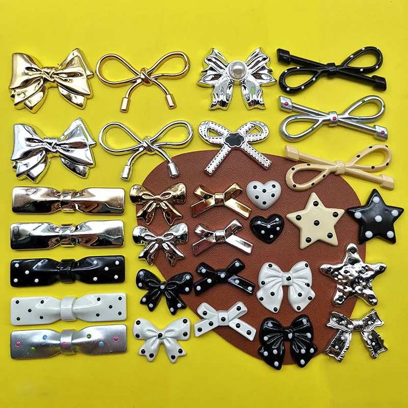 10pcs Gold Silver Black Polka Dot Bow Resin Flatback DIY Exquisite Resin Crafts Accessories Charms Scrapbooking Embellishments