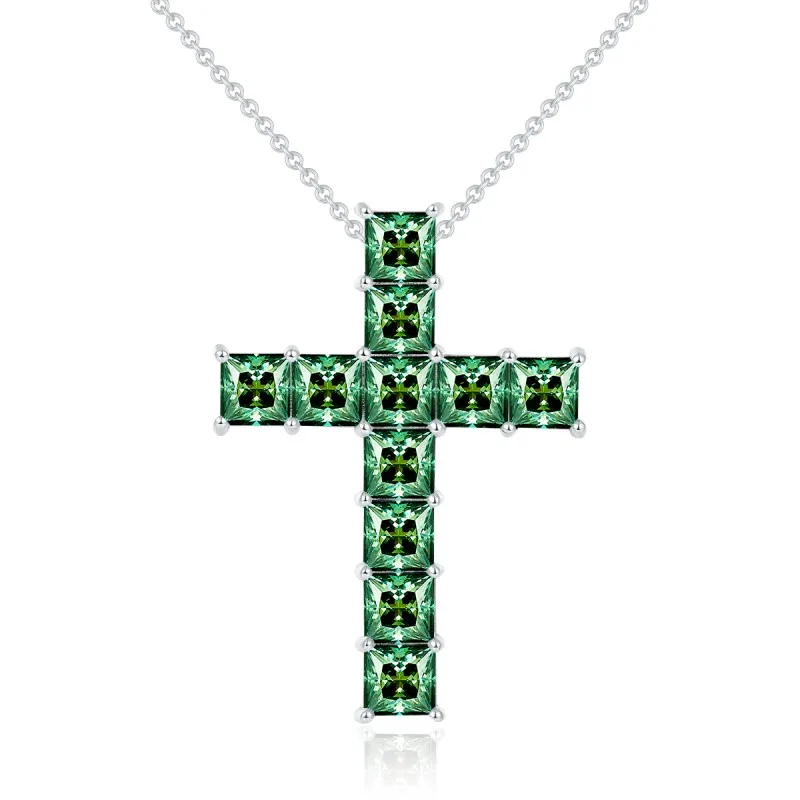 Follow Cloud 5.5mm Green Moissanite Diamond Cross Pendant Necklaces for Women Jewelry Sterling Silver S925 Neck Chain with GRA