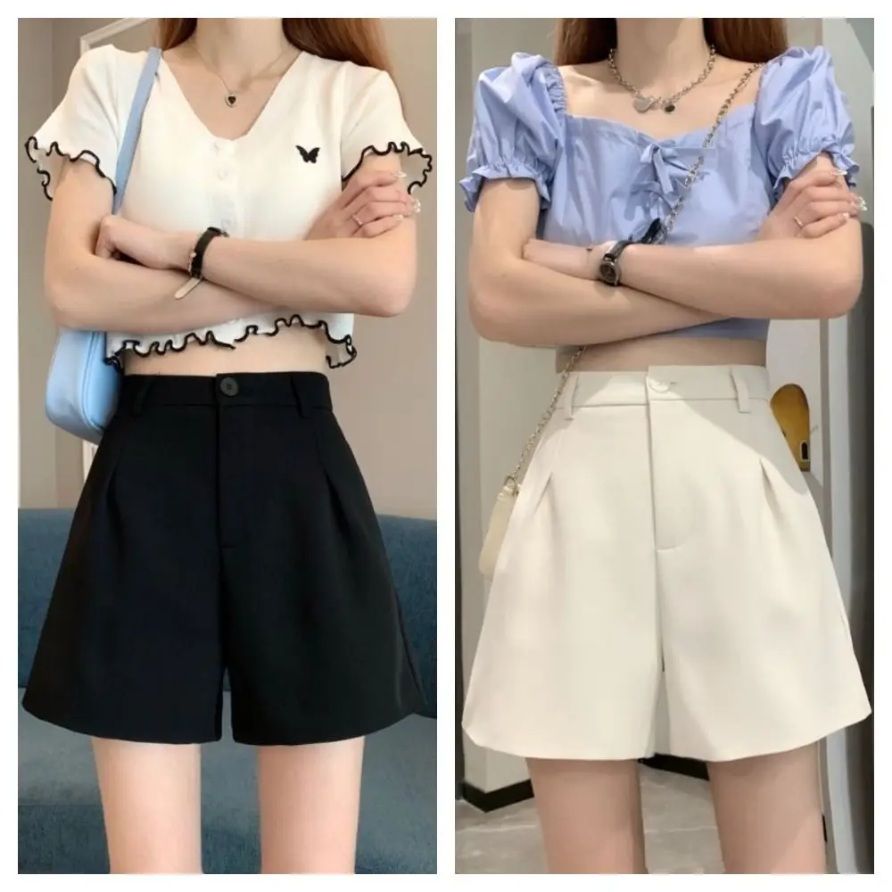 

Simple Summer A-line Suit Shorts Loose Buttons Classic High Waist Suit Shorts All-match Streetwear Trousers Solid Hot Pants