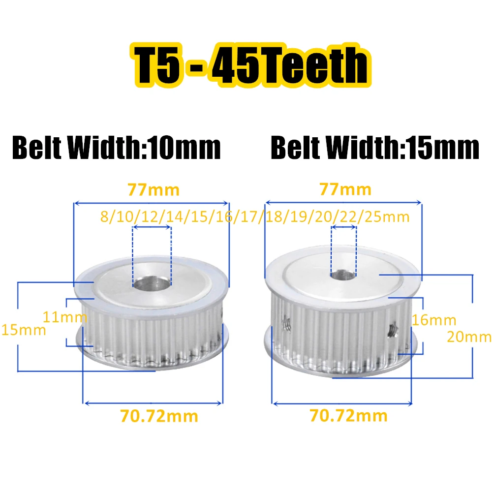 T5-45Teeth Alloy Wheels Bore 8/10/12/14/15/16/17/18/19/20/22/25mm AF Pulley Teeth Pitch 5 mm For T5 Timing Belt Width 10/15mm