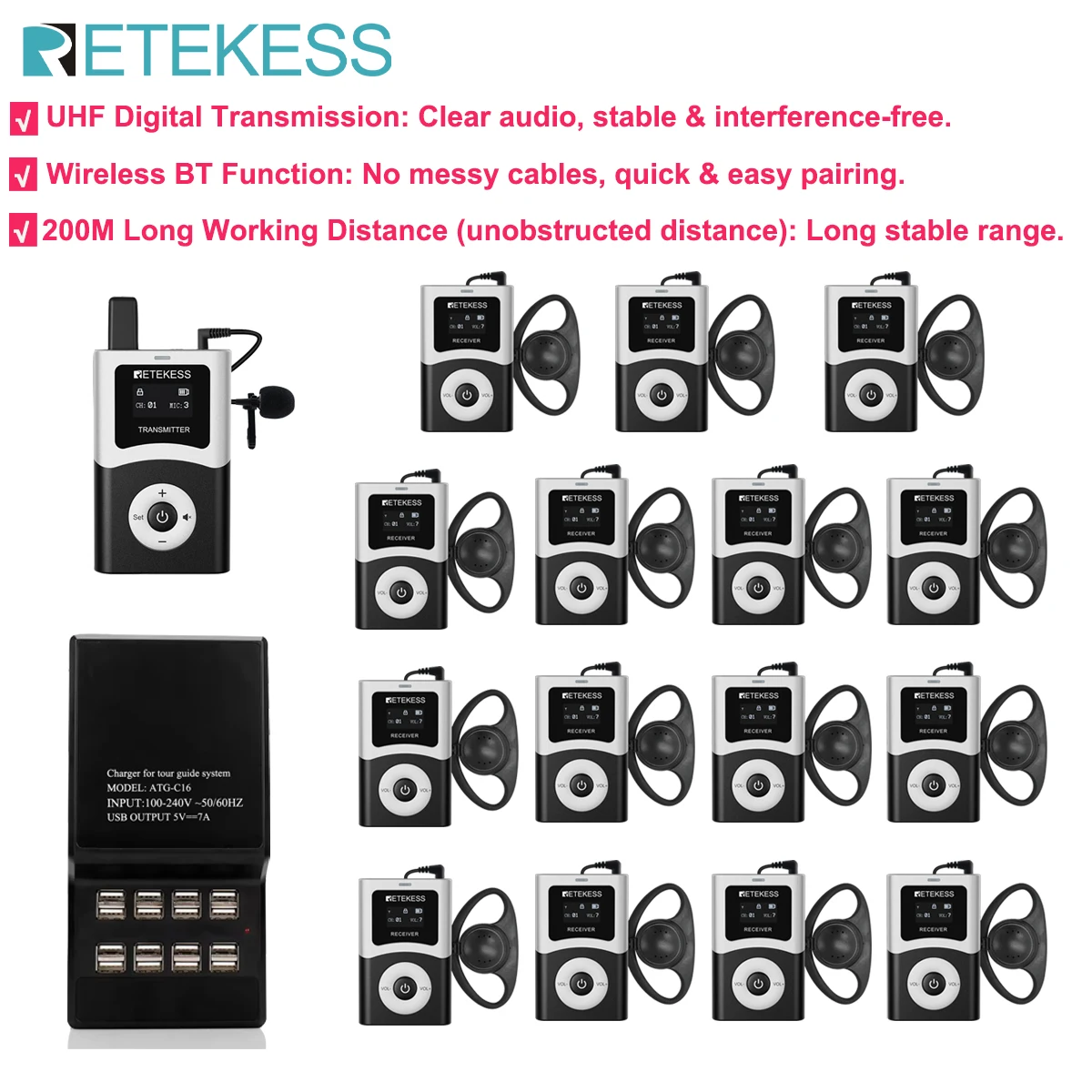 RETEKESS T130U UHF Tour Guide System Wireless Audio Guide Mic Radio Guide Transmitter Receivers for Tourism Conference Factory