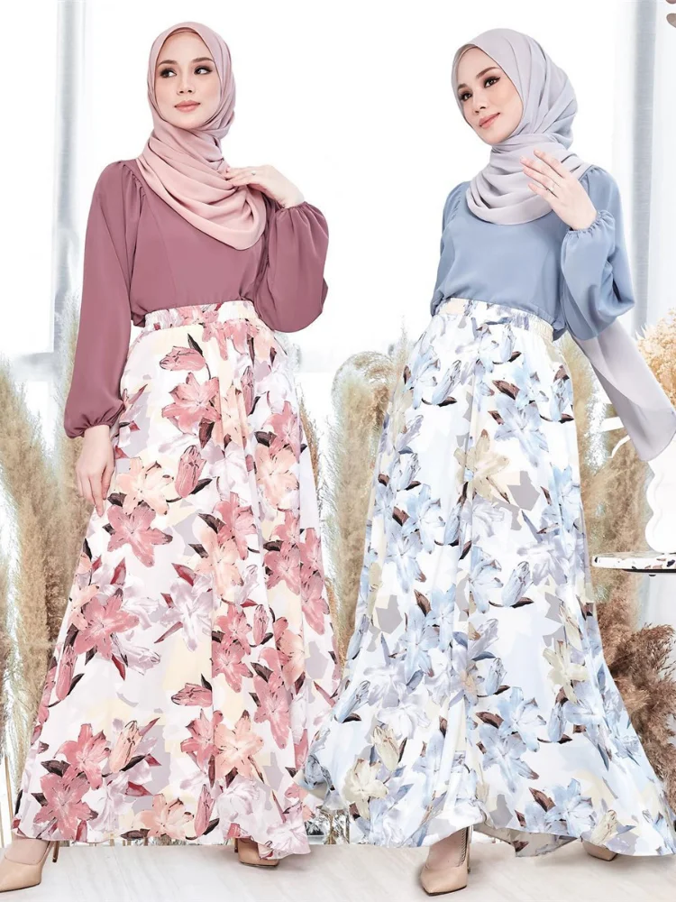 Eid Muslim for Women Party Long Skirt Flower Print Dress Jalabiya Ramadan Morocco Dubai Saudi Arabic Skirts Turkish Islam Modest