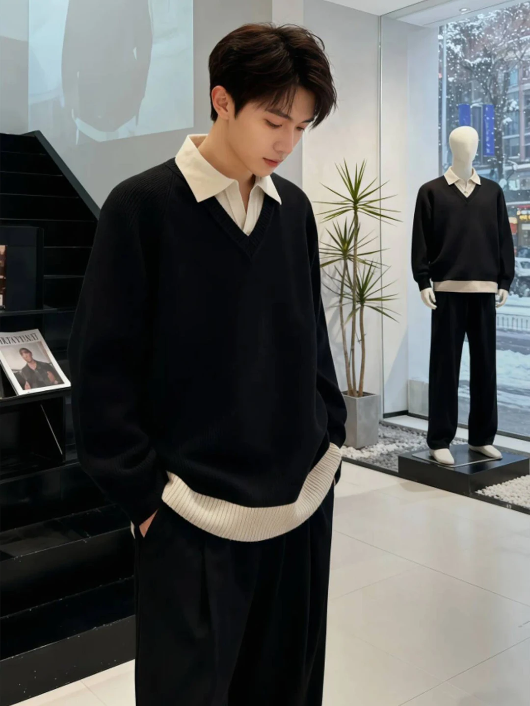 

Мужской зимний трикотажный джемпер Bla Ne с эффектом двухслойности в корейском стиле, модный, элегантный, с ощущением премиум-класса, базовый слой, верхняя одежда