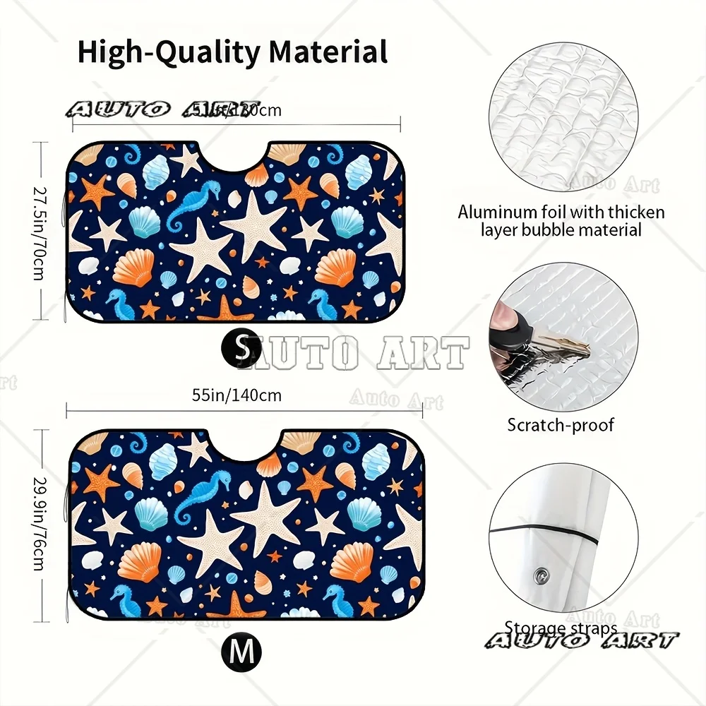 Sea Creature Watercolor Car Sun Visor Seahorse Starfish Shell Design Folding Windshield Shade for Front