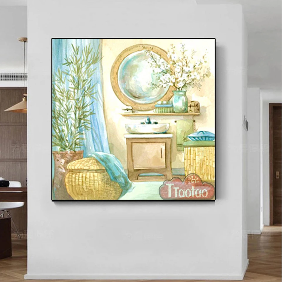 5D Diy Diamond Painting Bathroom Landscape Full Square Round Mosaic Art Cross Stitch Kit Handmade 3D Beaded Embroidery Wallpaper