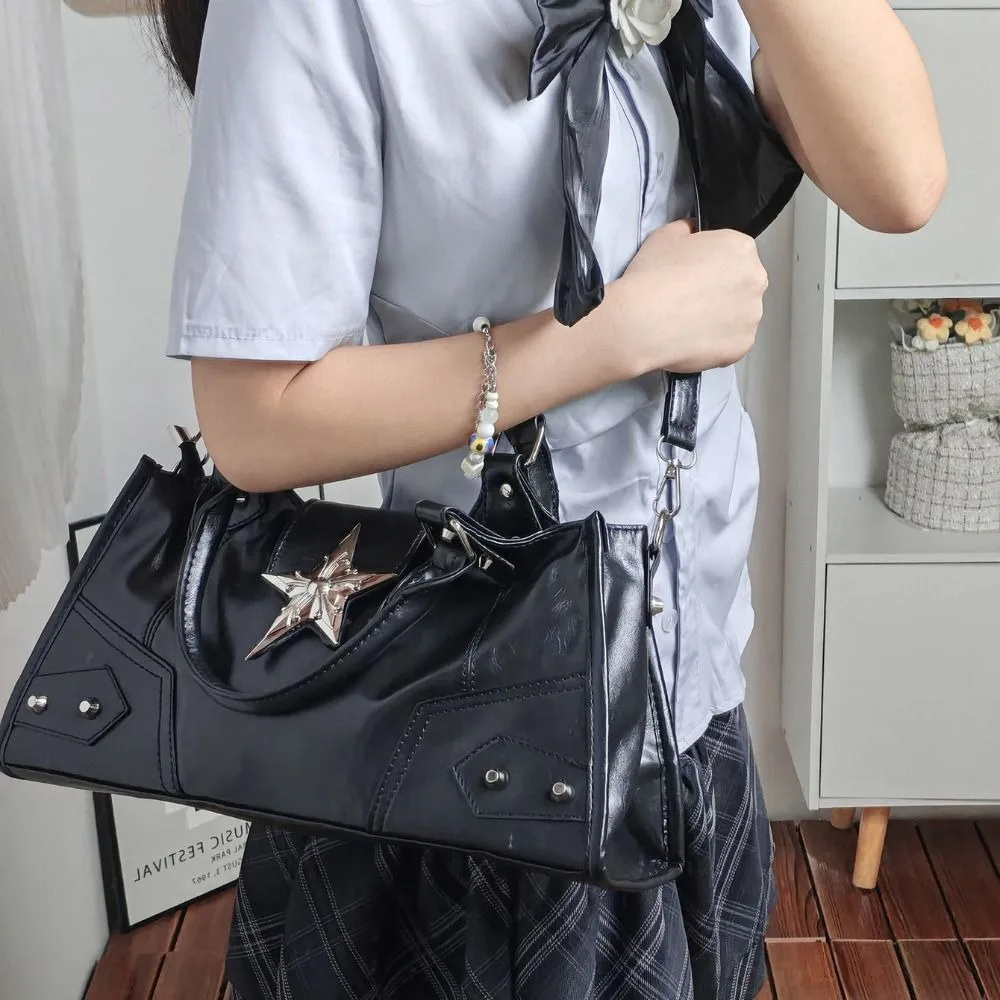 

PU Leather Gothic Star Crossbody Bag Retro American Style Fashion Design Locomotive Style Underarm Bag Solid Color Korean Style