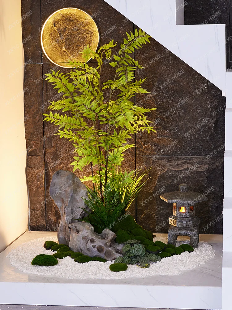 Indoor Stairs Landscape Tea Room New Chinese Style Taihu Lake Stone Small Corner Landscape Simulation Green Plant Company