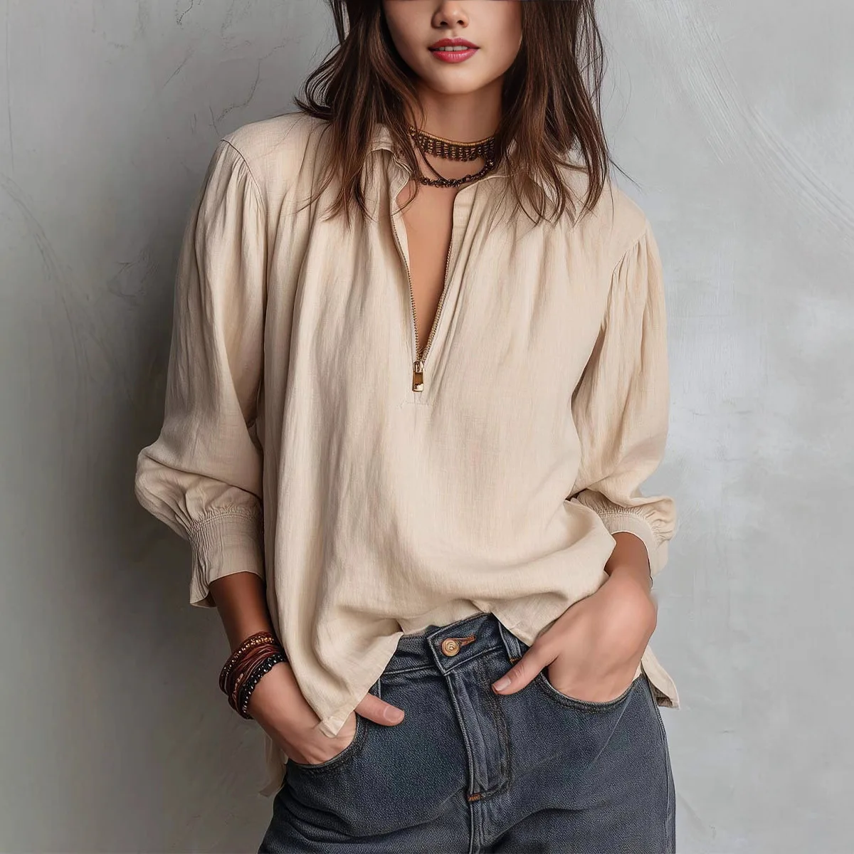

2026 Women's Shirt Collar Pullover Solid Color Cotton and Linen Zipper Loose Women's Shirt