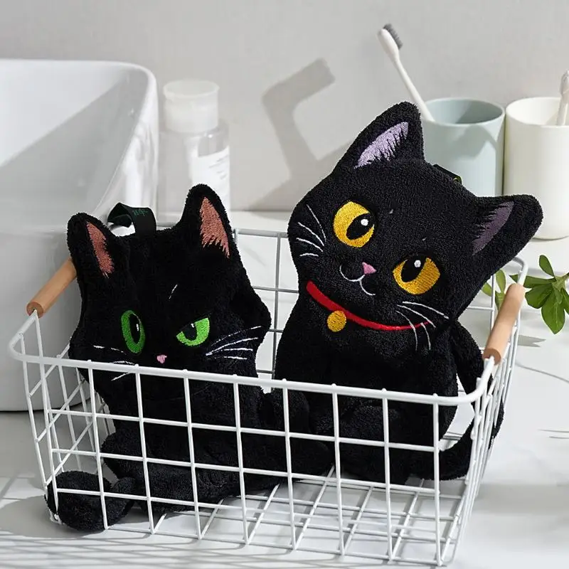 Cartoon Black Cat Hand Towel Absorbent Animal Shape Kitchen Cleaning Wipe Cloth for Kid Bathroom Hanging