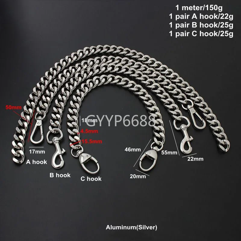 1-5pcs 60-100-110-120-130cm silver color 4*15.5*18mm 15.5mm width aluminum chains with 3 kinds of snap hooks for chain purse