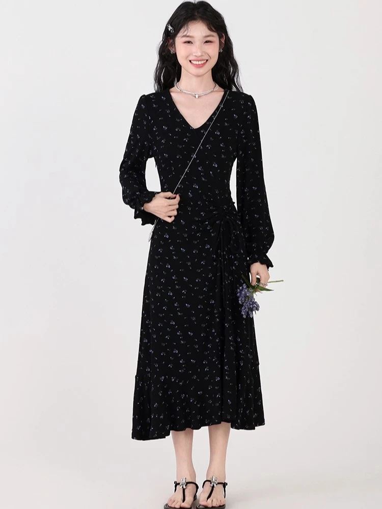 

ALXNAN Women's Dress Black Floral Long A-line V-neck Dresses 2025 Autumn Elegant Holiday Long Sleeve Clothes Female DYL661155
