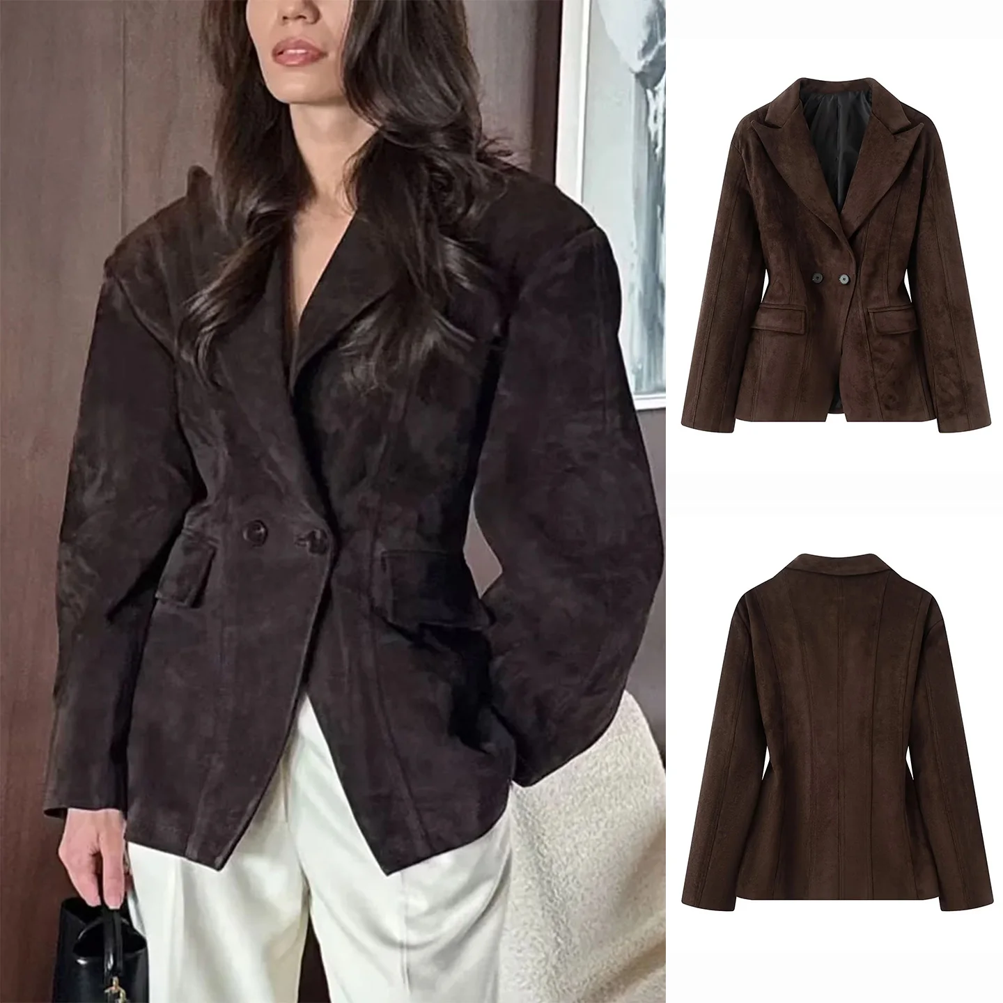 

Autumn New Arrival Women's Briti Sle Long Sve Suede Casual ort Coat Waist Cinched Jaet One Button Outerwear