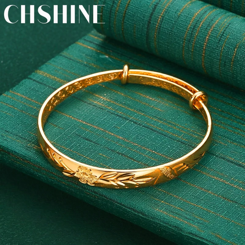 925 Sterling Silver 18K Gold Adjustable Bangle for Women Engraved Floral Leaf Pattern Fashion Wedding Party Jewelry