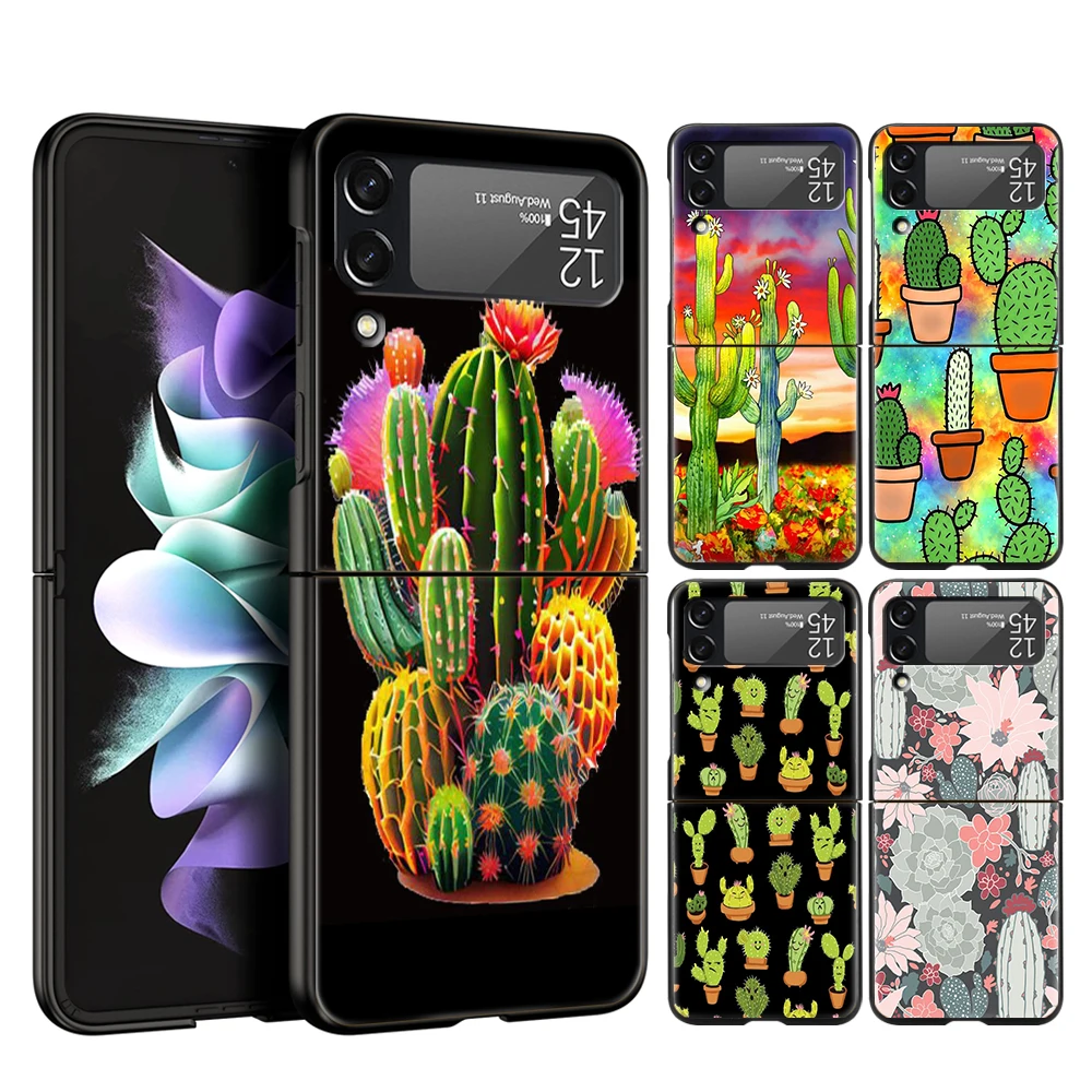 Plant Cactus Hard PC Phone Case For Samsung Galaxy Z Flip 4 5 Black Cover For Galaxy Z Flip 3 Foldable Shockproof Cases Capa Bag