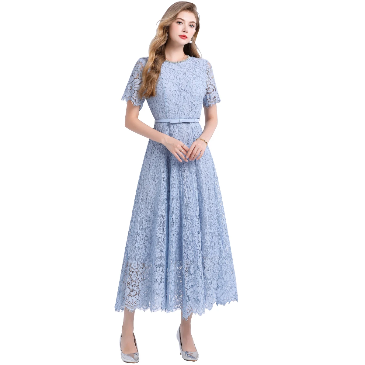 حجر الراين التطريز مساء رسمي الدانتيل فستان طويل المرأة الصيف قصيرة الأكمام الكروشيه الجوف خارج فساتين متوسطة الطول الأميرة الحلوة