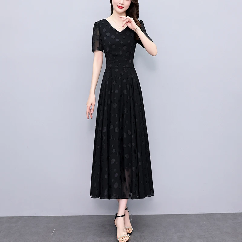 2025 nouveau été Vintage noir robe en mousseline de soie femmes de luxe élégant fête moulante longue robe décontracté Chic bal soirée Midi robes