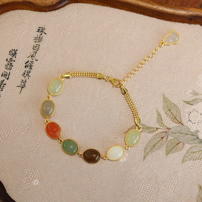 

Natural Hetian Jade Multi-Gem S925 Sterling Silver Bracelet Women with Jasper and Red