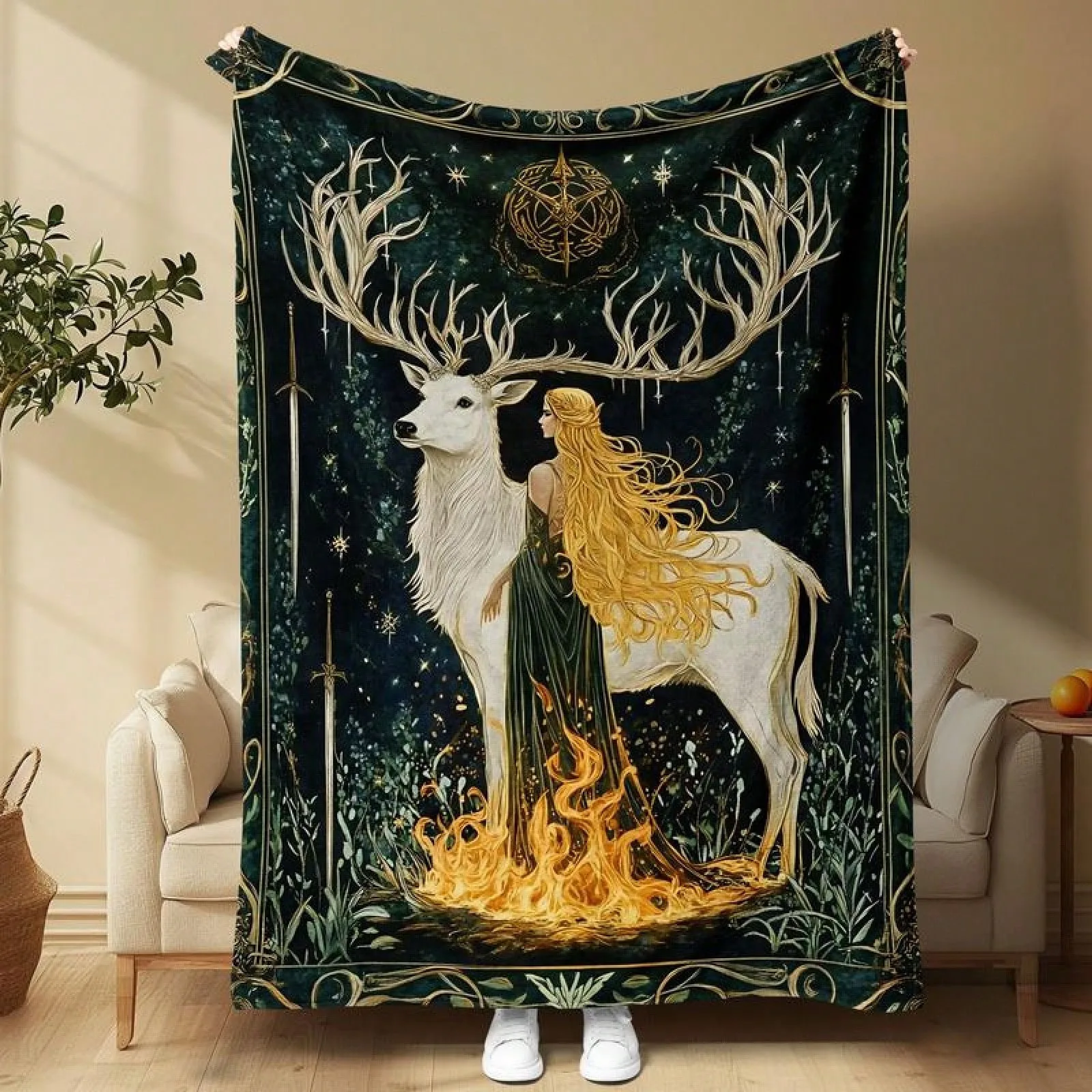 1pc Mystical Fantasy Deer Goddess Flannel Blanket Soft Warm Four Season Throw Blanket Holiday Gift for Bedroom Living Room Campi