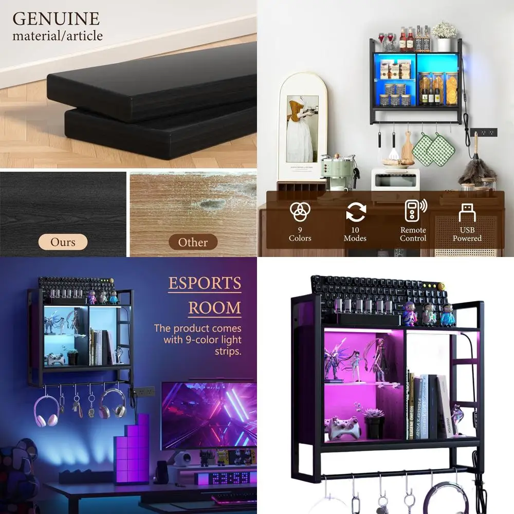 

34 LED Wall-Mounted 3-Tier Glass Shelf for Gaming Room, Hanging Display Rack with 6 S-Hooks, Black