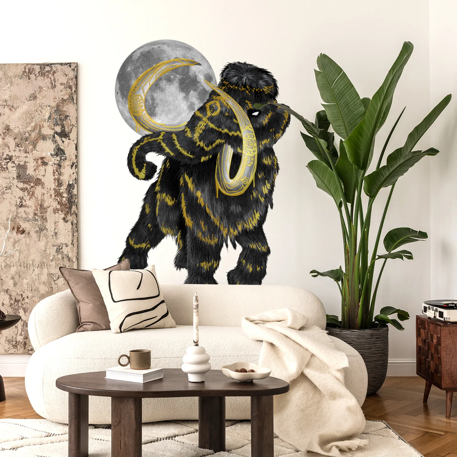 Gold Foil Mammoth & Moon Wall Decals - Prehistoric Animal Stickers for Living Room & Bedroom