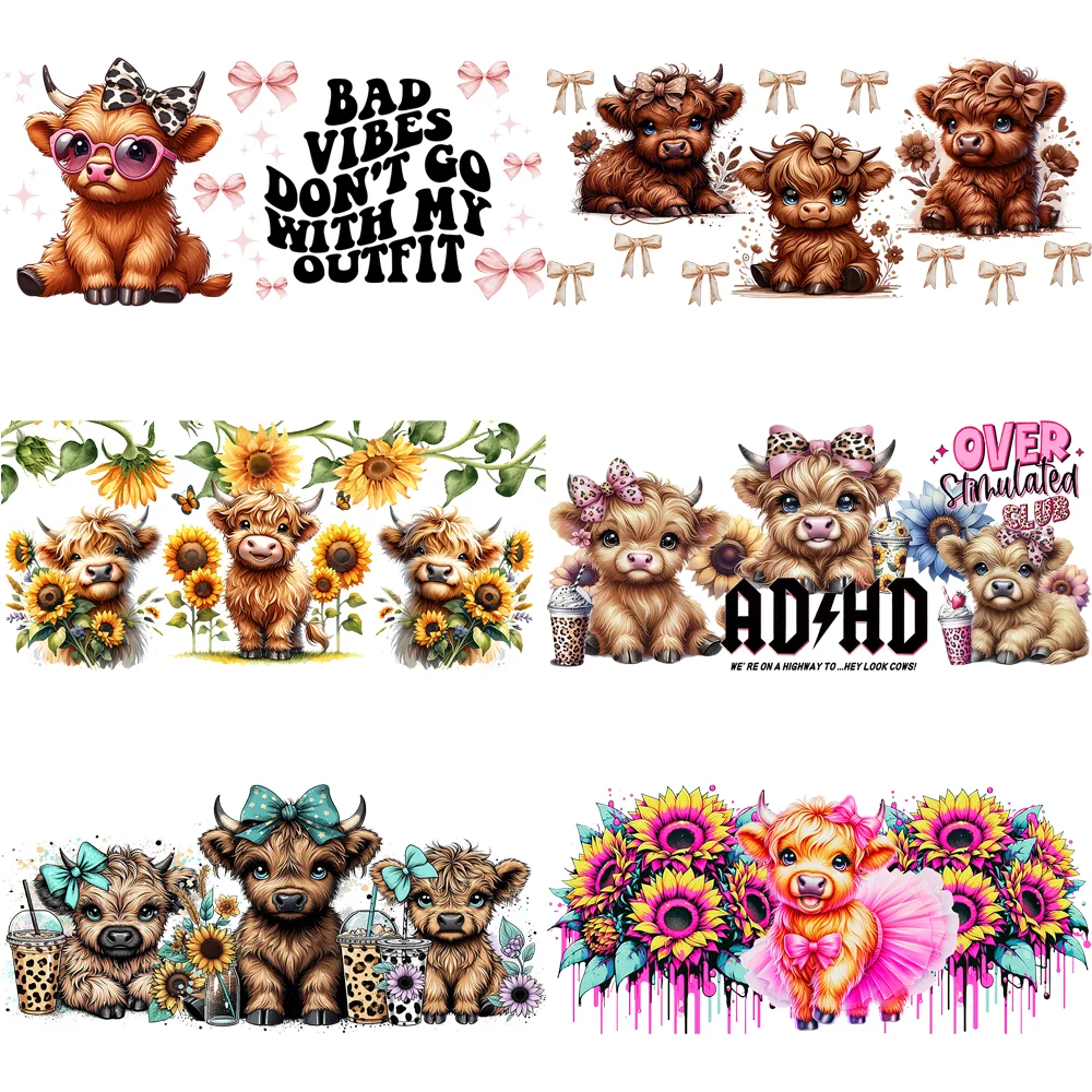 Highland Cattle Baby 16oz UV DTF Sticker Cup Personalize UV Wrap Label DIY Logo Self Adhesive Cow Design 3D Transfer Sticker