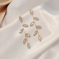 Luxury Jewelry Gold Silver Color Plated Leaves Tassel Earring Women Delicate Micro Inlaid Cubic Zircon CZ Drop Earrings Wedding