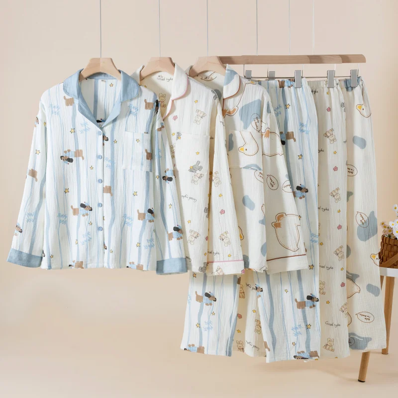 Women's 2-Piece Pajama Set, Double Gauze Cotton, Long Sleeve & Pants, Breathable Versatile Spring Summer Loungewear