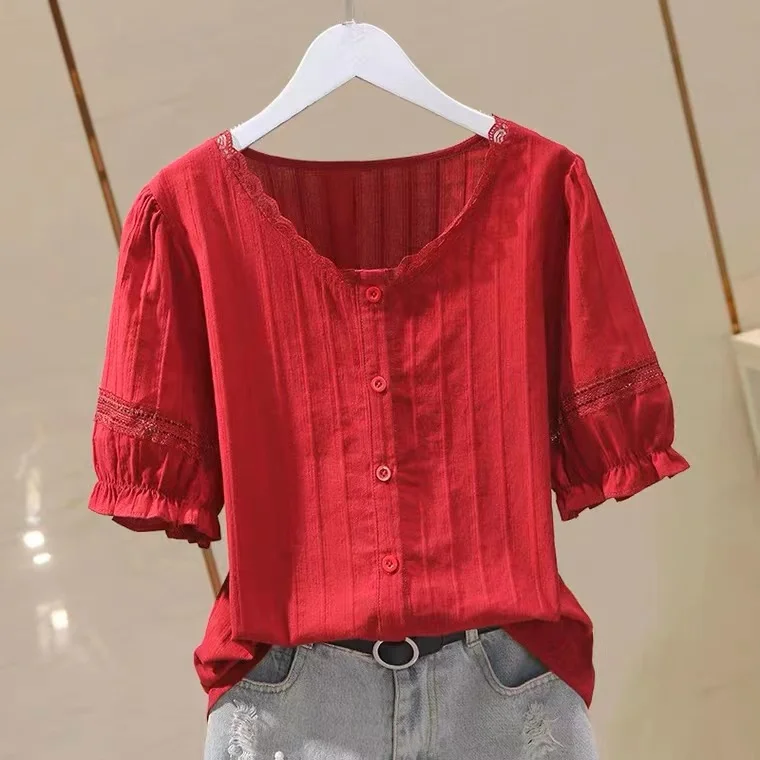 

Retro V-ne ort Sve Lace Patchwork Cotton irt Women's Summer Breathable Button up Casual Sle Pure Color Busin Co...