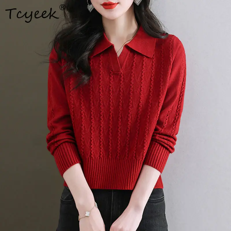 

Tcyeek, 80% Wool Elegant Sweater, Women's Collar Knitted Simple Casual and Stylish Sweater,2024 Autumn and Winter New T48001KS