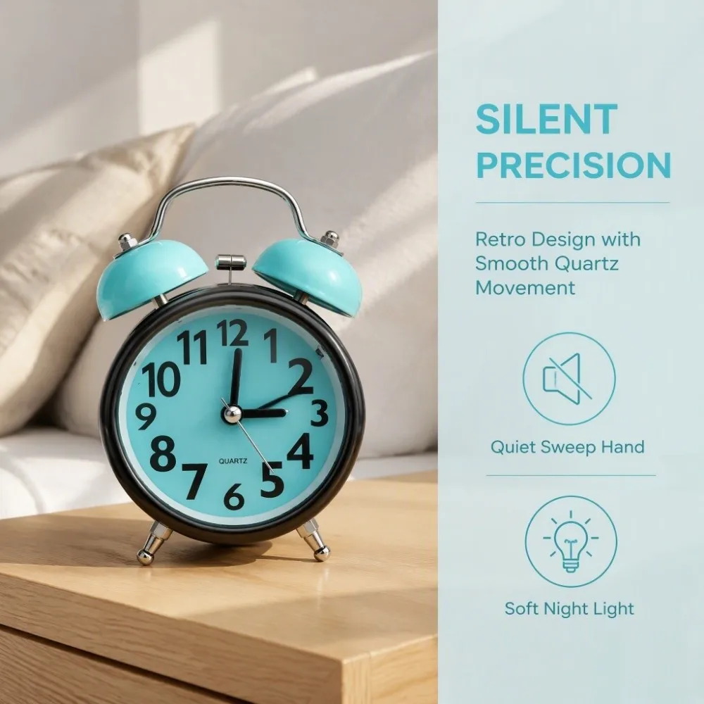Multicolor Double Bell Alarm Clock 3 Inch Mute Type Luminous Alarm Clock Light Blue Color Double Bell Design Bedside Alarm Clock
