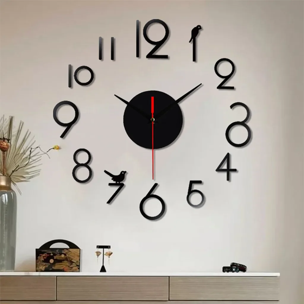 Frameless 3D Mirror Sticker Clock 12-hour Display Time Mark Home Decor 50x50cm