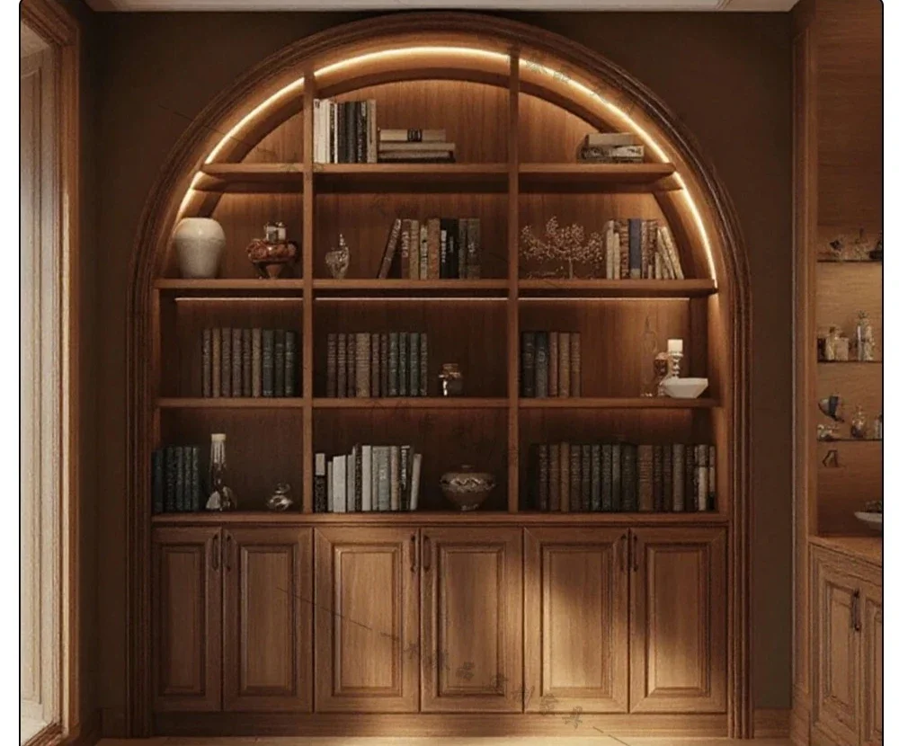 French retro solid wood bookcase antique integrated storage light luxury arched wine cabinet display cabinet