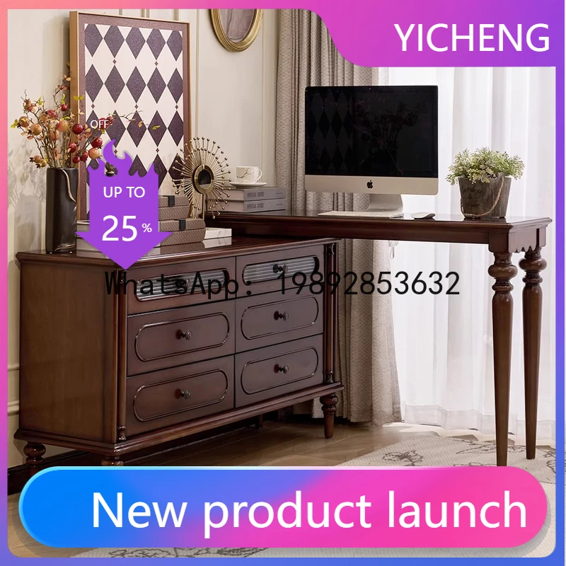 

TQH French Retro Solid Wood Six-Drawer Dresser Computer Desk Integrated Storage Cabinet Bedroom Cabinet