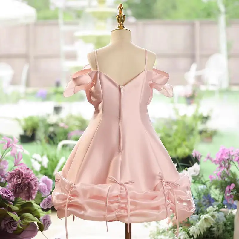 Jill Wish M024 Pink Satin Flower Girl Dress with Ruffled Collar Strapless Knee-Length Gown for Kids Birthday Wedding Party
