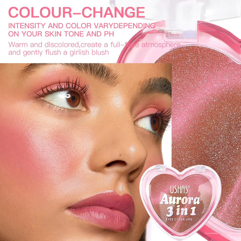 USHAS Rubor que cambia de color de triple función en forma de corazón: producto de maquillaje multiusos para ojos, mejillas y labios.