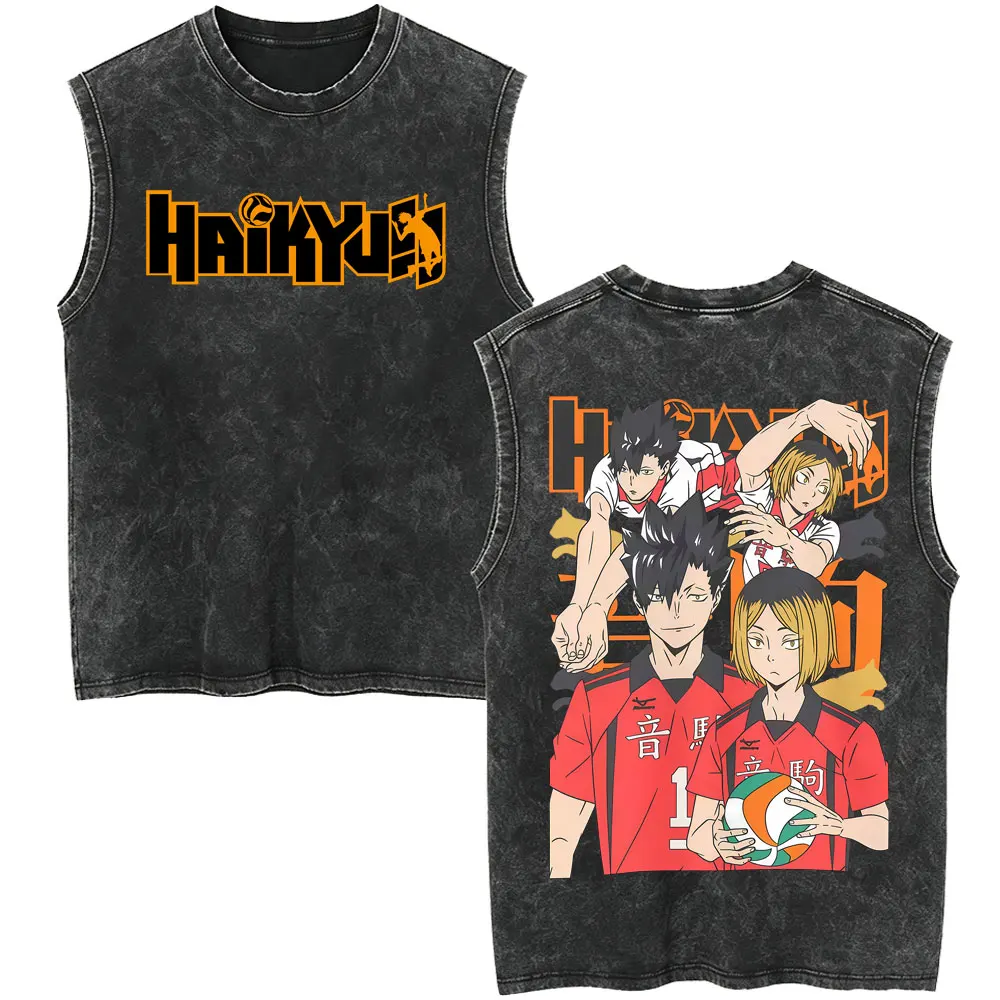 Anime Haikyuu Kuroo Tetsurou Kozume Kenma Vintage Washed Tank Tops Men Women Casual Sleeveless Vest Unisex Manga Cotton T-shirt