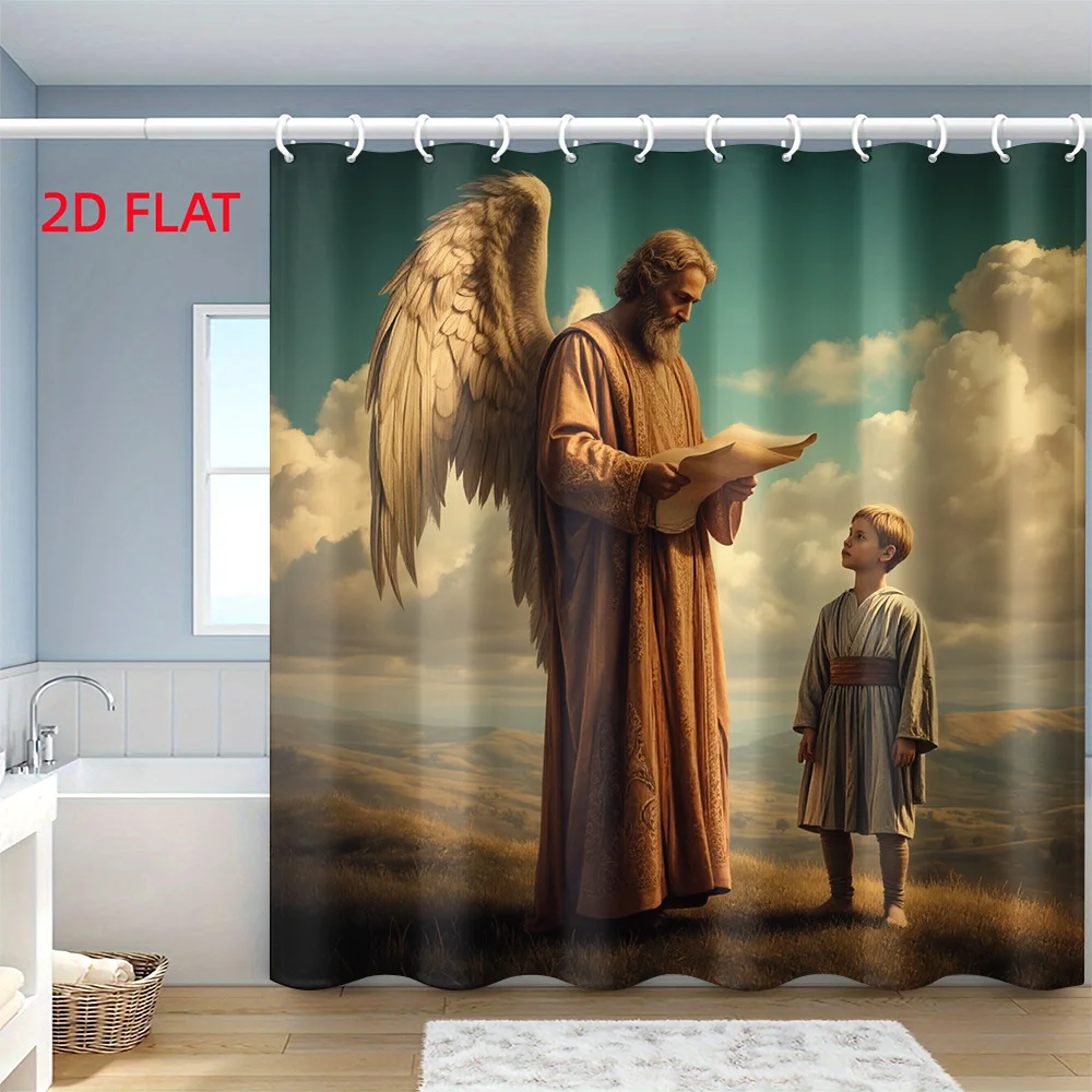 Waterproof Shower Curtain Angel Divine Biblical Scene Spiritual Christian Shower Curtain Bathroom Decor Tapestry 180x180cm
