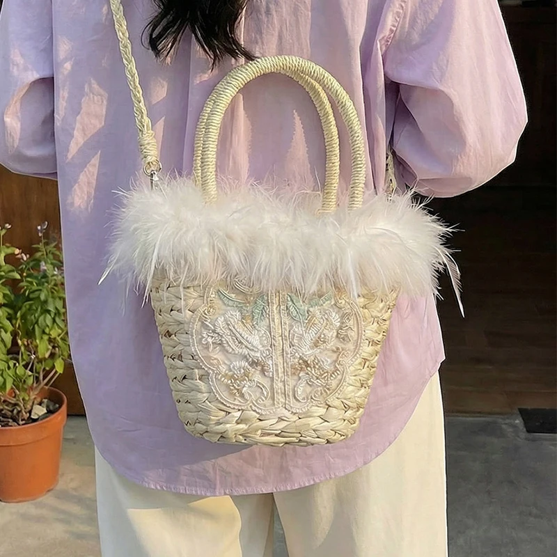 Plush Straw Weaving Handbag 2026 Summer Drawstring New Chinese Style Embroidery Bucket Bags Beach Holiday Style Crossbody Bag