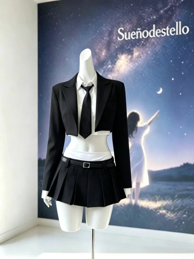New Preppy Y2K Summer Casual Sweet 3 Piece Set for Women Cropped Blazer Crop Shirt High Waist Pleated Mini Skirt Slim Fit Outfit