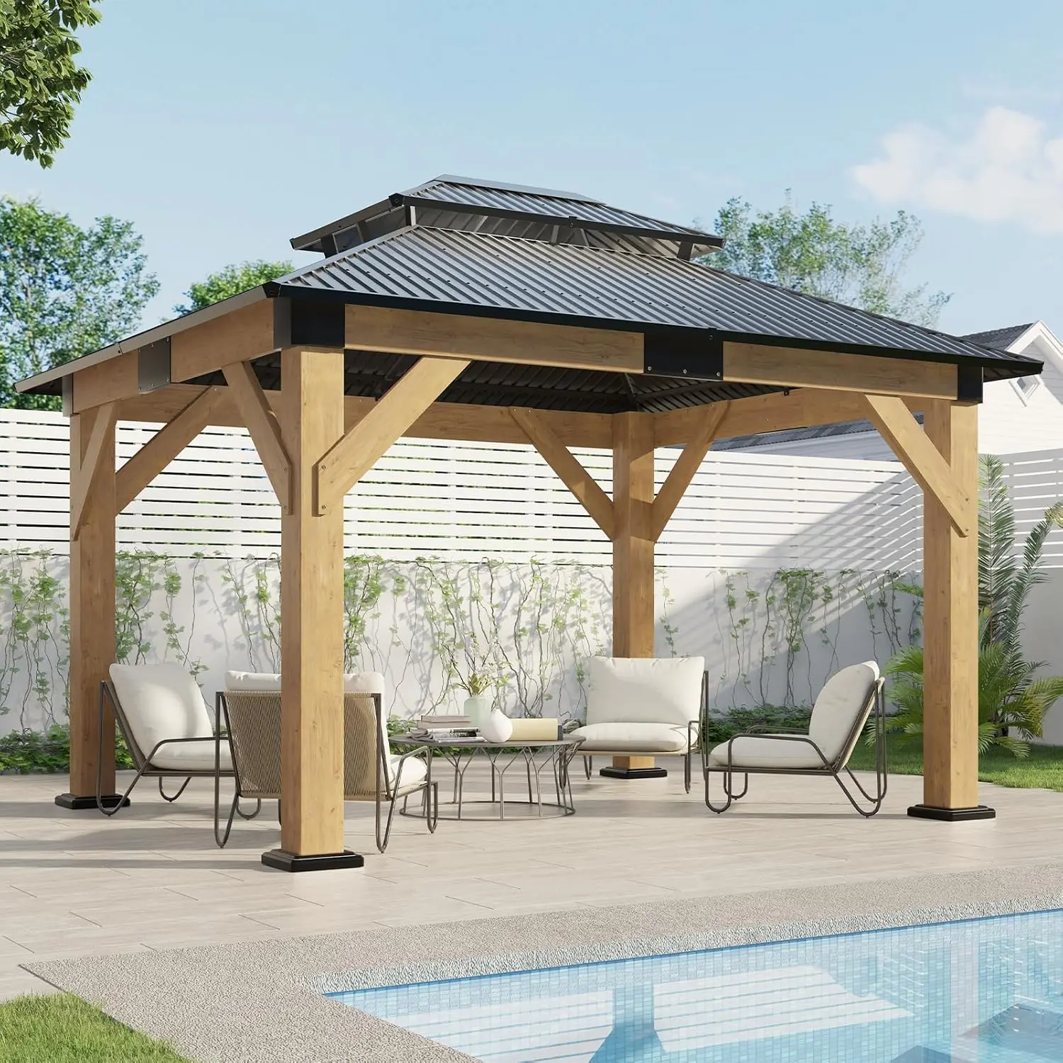 10x12 Wood Gazebo Hardtop Spruce Frame Double Metal Roof Outdoor Pergola Parties Backyard Patio Lawns Black Natural