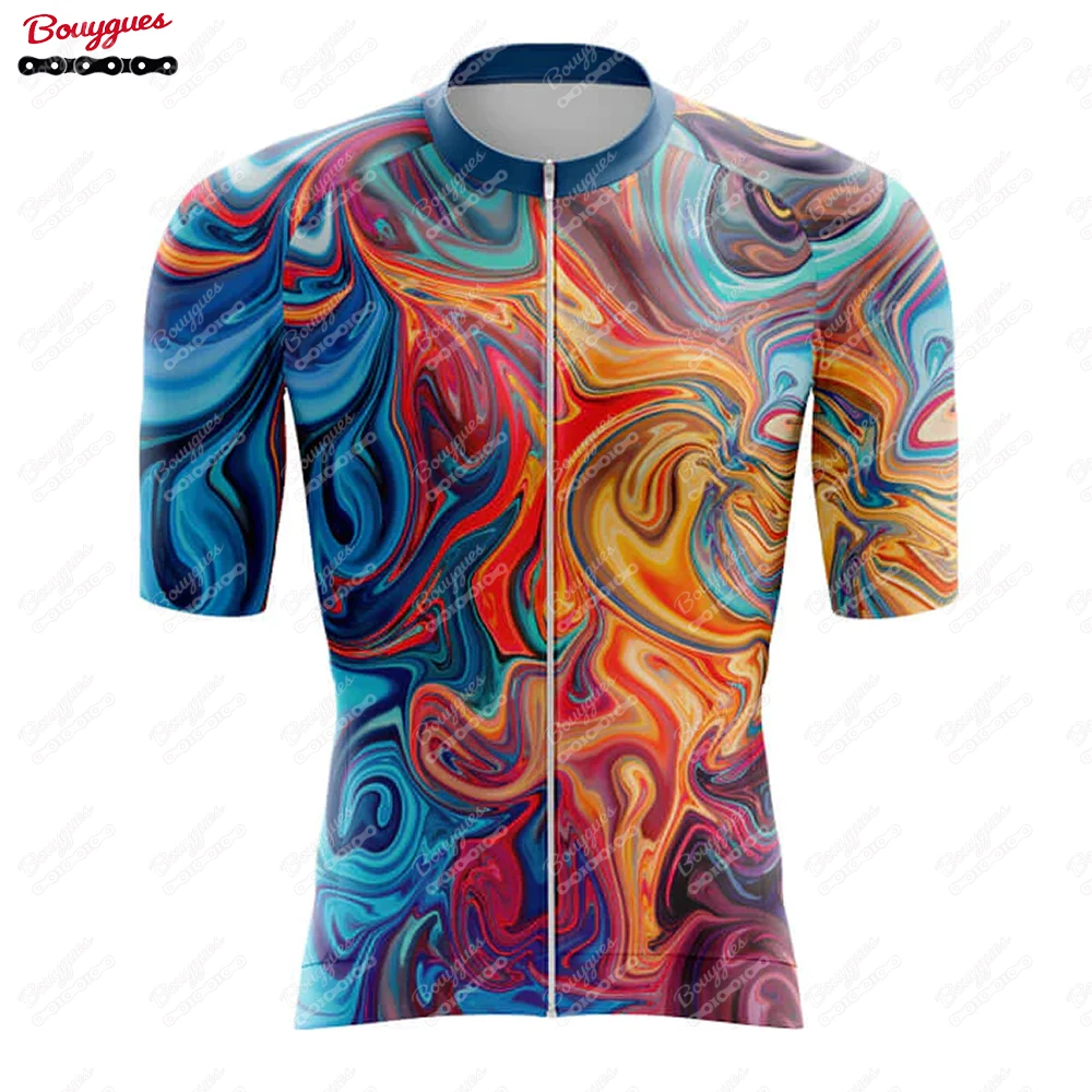 Liquid Marble Cycling Jersey for Men Short Sleeve Reflective MTB Maillot Downhill Pro Team Mountain Bicycle Clothing Summer New