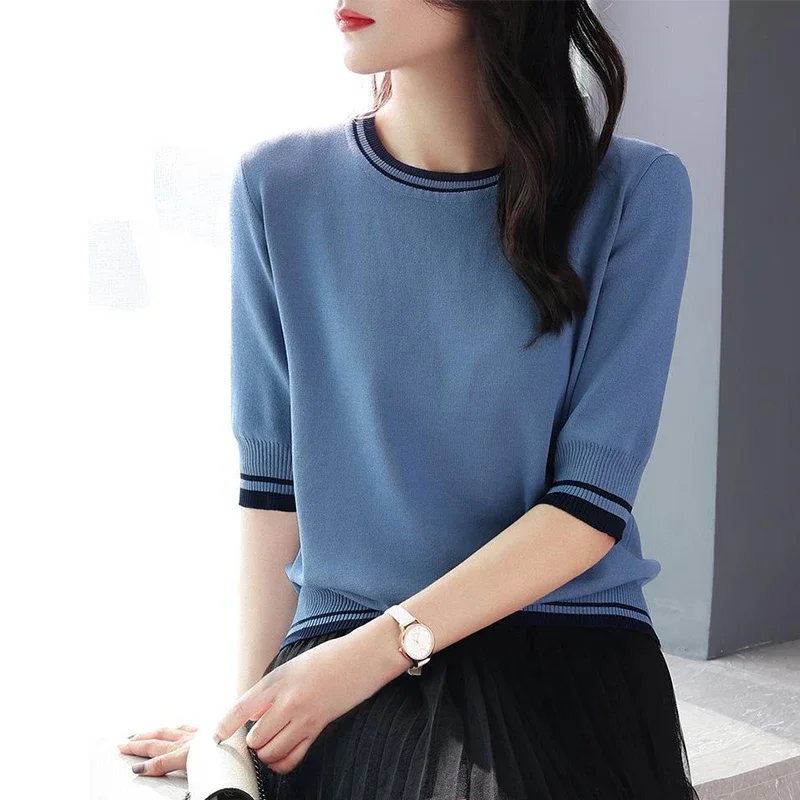 Summer O Neck Patchwork Knitting Pullover Top Women Short Sleeve Casual Fashion Simple Tees Female Loose All-match T-shirt B72