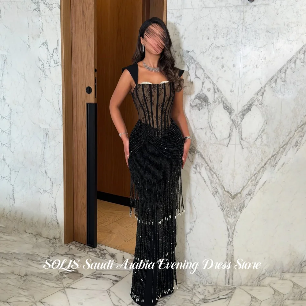 SOLIS Luxury Women Black Lace Prom Dress Heavy Beaded Evening Gown Corset Pearl Fringes Mermaids Party Dress Colors Customized
