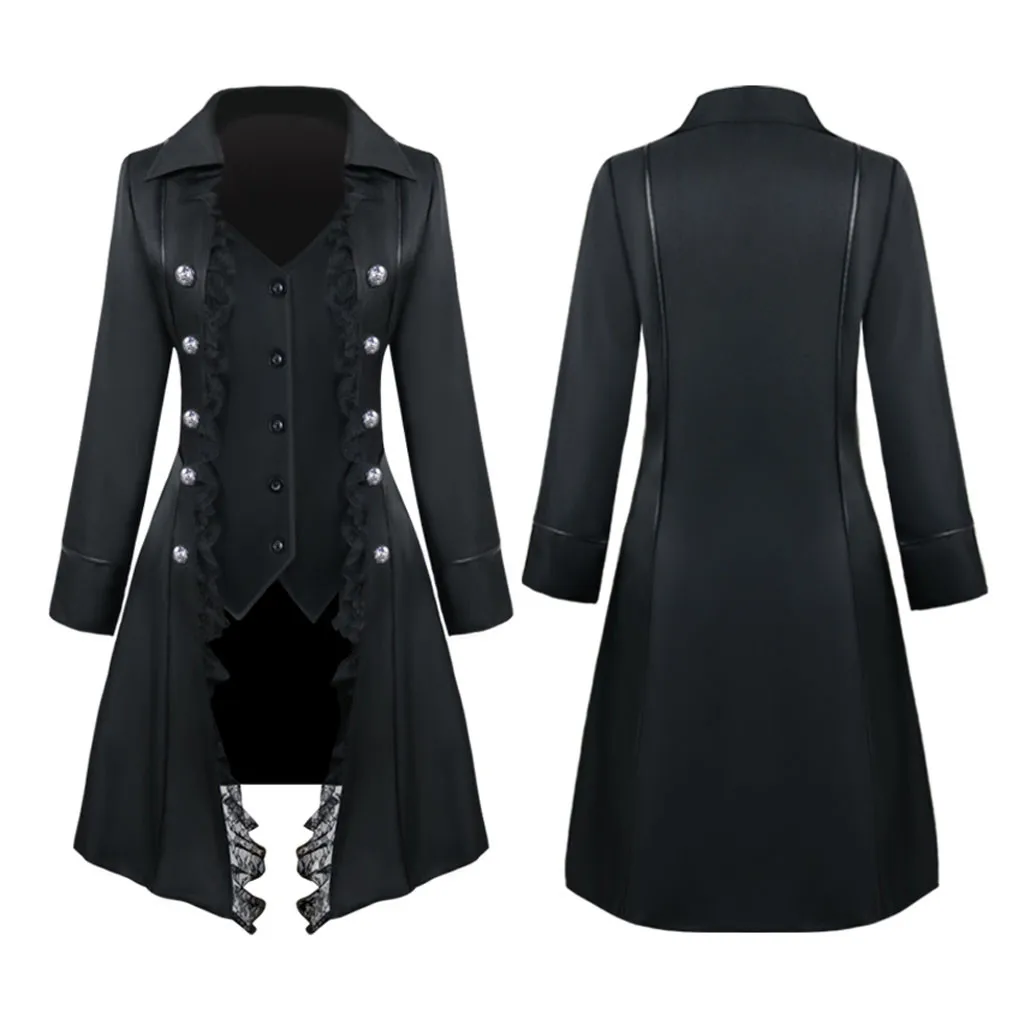 Halloween Robe Gothic Medieval Vintage Cardigan Jacket Long Sleeve Waisted Three-Breasted Coat Lace Blazer Performance Costume