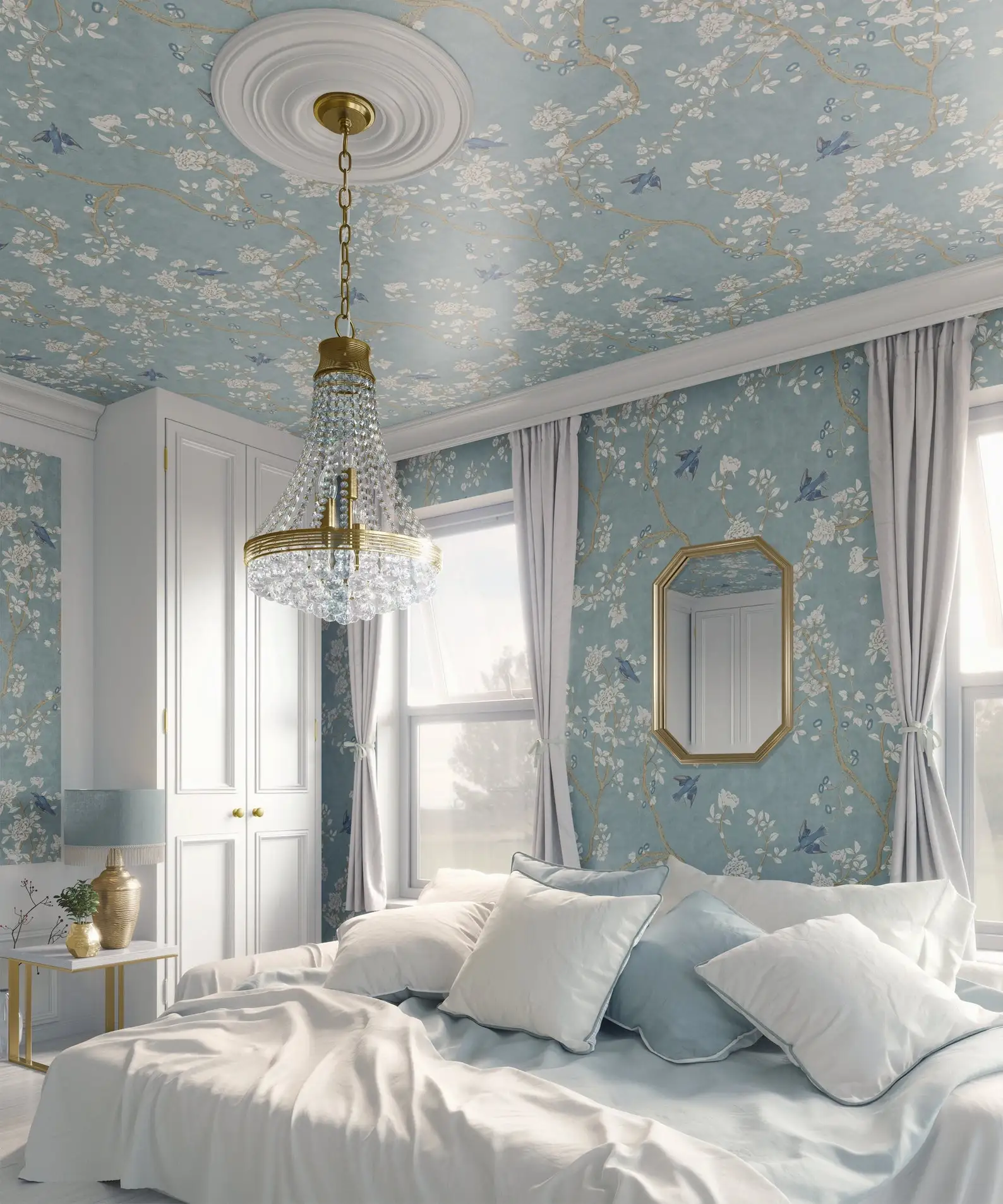 Customized Wallpaper Blue Chinese Style Wallpaper Retro Flower and Bird Mural Living Room Bedroom Full House Coverage 3D Murals