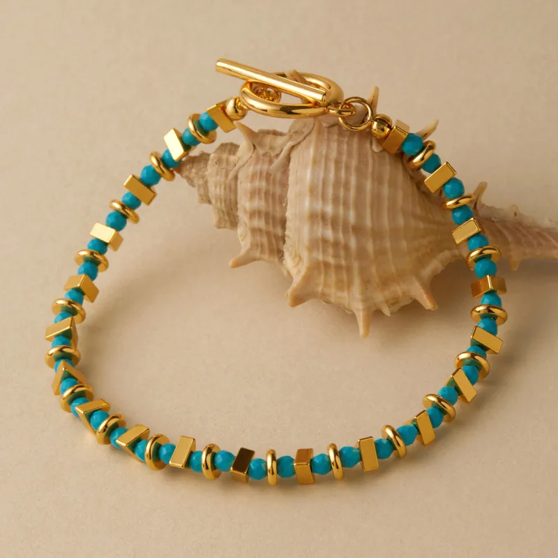 Vintage Vacation Bracelet Irregular Square Metal Beads Imitation Turquoise Niche Design Summer Daily Women Wrist Accessories